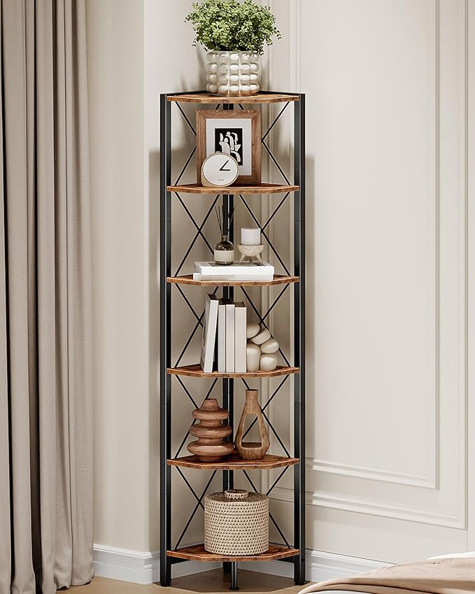 CHOEZON 6-Tier Corner Shelf, Corner Bookcase, 66.9" Tall Vertical Display Rack, Plant Stand, Open Storage Shelf, for Living Room, Bedroom, Study, Kitchen, Rustic Brown and Black TCJ13BF