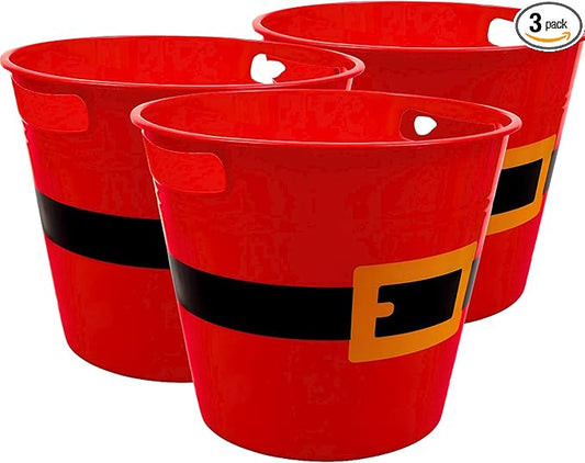 3-Pack Christmas Santa Belt Buckets, 7.95in. x 8.32in. Holiday Gift Red Pail Basket with Handles Party Favor Stackable Containers Goodie Bags Treat Holders Christmas Décor Craft Decorative Storage