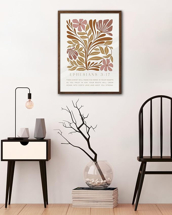 EcoHest Bible Verse Floral Framed Wall Art, 12x16 in Walnut Color OAK Wood Abstract Flowers Canvas Wall Art, Ephesians 3:17 Home Decor, Beige Logs Boho Christ Set of 1 for Bedroom Living Room