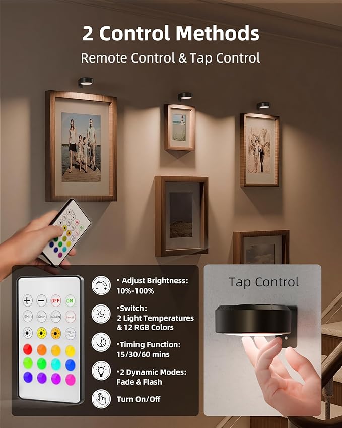 EZVALO Picture Lights for Wall, 2000mAh Rechargeable Battery Magnetic Poster Lights with 3 Color Temps & 12 RGB, Remote Dimmable Timer Painting Light, Wall Decor Light for Art Display, Frame (6 Pack)