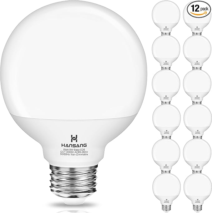 hansang 12 Pack Vanity Light Bulbs for Bathroom, 4000K Natural Daylight E26 Base Round LED Globe Bulb, 60W Equivalent, G25 Bathroom Light Bulb for Makeup Mirror, 120V, CRI85+, 500LM, Non-dimmable