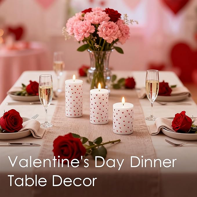 LUSHARBOR Flameless Candles with Remote, Battery Operated Pillar Candles for Valentine's Day Decoration Real Wax Electirc LED Candles for Romantic Home Table Centerpiece Decor Set of 3