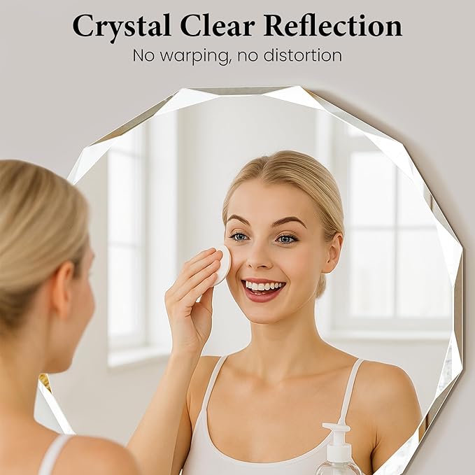 24 Inch Faceted Round Mirror for Wall Decor, Diamond-Cut Beveled Circle Vanity Mirror, Solid Backed Sparkle Frameless Mirror for Powder Room & Entryway, Art Deco Style