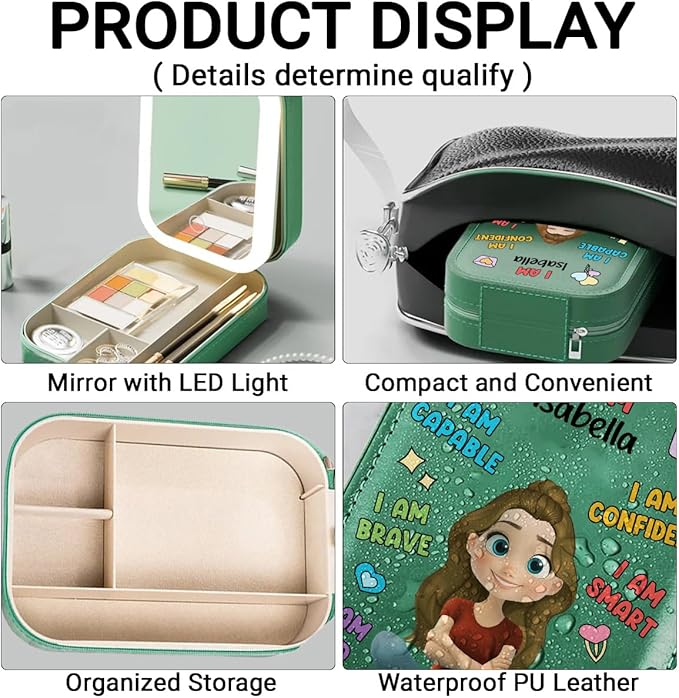 Wrappiness Women & Girls Floral Makeup Box With LED Mirror - Personalized Birthmonth Flower Travel Jewelry Organizer Gift for Daughters Sisters on Birthday Christmas (I Am Smart, Teen Girls)