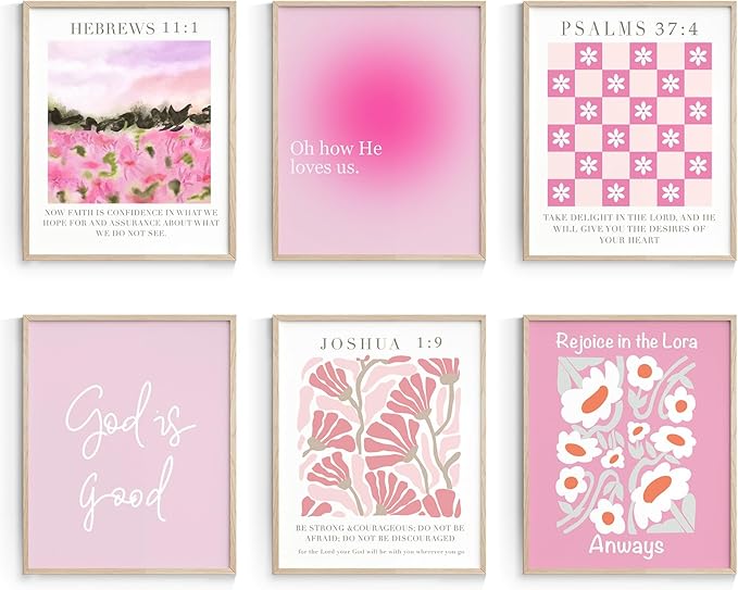 Habseligkeit Unframed Pink Gradient Room Decor, Pink Flower Wall Art Prints, Posters for Girls Dorm Aesthtic, Danish Pastel Wall Decor 8X10in, Set of 6