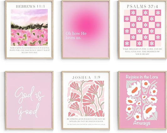 Habseligkeit Unframed Pink Gradient Room Decor, Pink Flower Wall Art Prints, Posters for Girls Dorm Aesthtic, Danish Pastel Wall Decor 8X10in, Set of 6