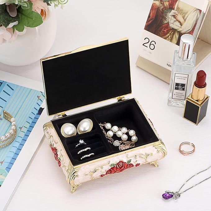 Hipiwe Metal Decorative Jewelry Box Vintage Treasure Chest Case Ornate Trinket Organizer Earrings Necklace Bracelet Storage Box Ring Holder Keepsake Box for Women
