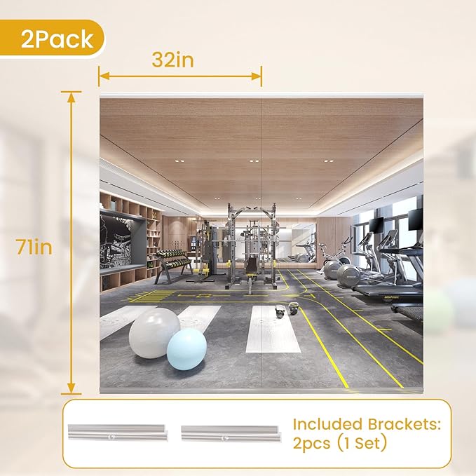 71X32 2Pack Large Home Gym Mirror, Frameless Tempered Glass Dance Wall Mounted Mirror for Home, Yoga, Dancing, Studio, Living Room