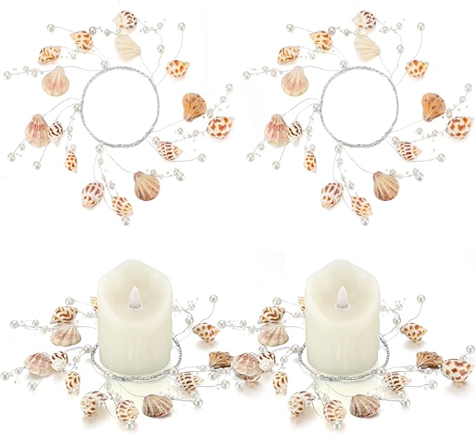 Daifunli 2 Pcs Summer Sea Shell and Pearl Candle Ring Artificial Sea Shell and Pearl Wreaths for Pillar 3.9 Inch Candles Holder for Summer Country Wedding Kitchen Rustic Table Centerpiece Decor