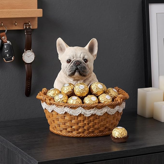 Dog Resin Storage Basket, Desktop Organizer for Remote & Keys, Cute Home Decor Tray, Ideal present for Pet Lovers.(French Bulldog White)