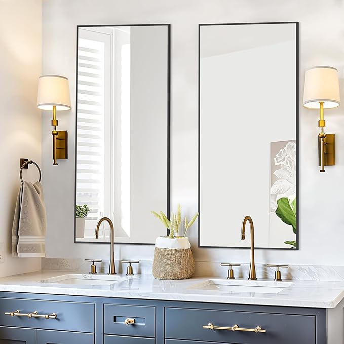 56"X18" Full Length Mirror, Black Floor Mirror with Stand Hanging or Leaning Against Wall Aluminum Alloy Frame Wall Mirror Full Length Tempered Glass for Bedroom Living Room