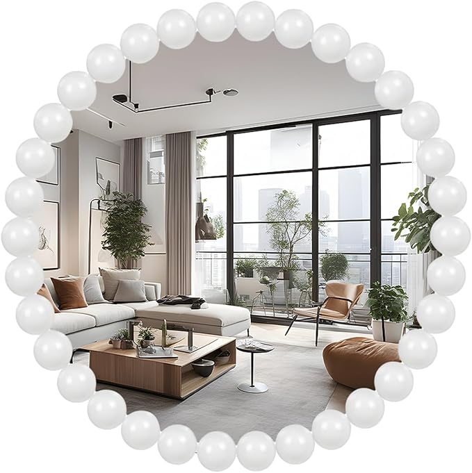 White Round Wall Mirror 24'' Wood Beaded Mirror for Wall Decor Large Circle Decorative Wall Mirror White Hanging Mirror for Bathroom,Bedroom,Living Room,Nursery Room,Kids Room
