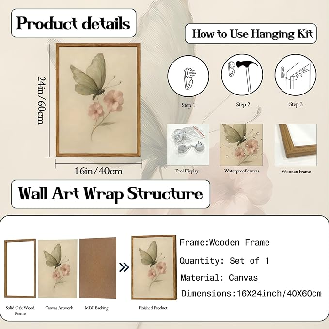 Framed Vintage Wall Art, Butterfly and Pink Floral Pictures Wall Decor, Retro Flower Moth Painting Canvas Prints Cottagecore Home Decor Aesthetic for Living Room Bedroom Bathroom 16x24 inch