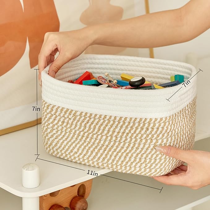 R RUNKA Small Cotton Rope Basket – Storage Bin for Organizing (10.6" x 6.7" x 6.7"), Bathroom Storage Basket for Shelf, Counter & Closet（White & Mixed Camel）