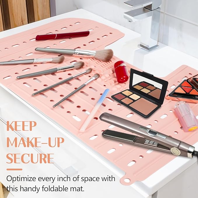 Bathroom Sink Cover for Counter Space, Foldable Silicone Makeup Mat with Hanging Loop Heat-Resistant Sink Cover for Makeup, 22 * 17" Space Saver Sink Organizer Mat for Bathroom, Pink