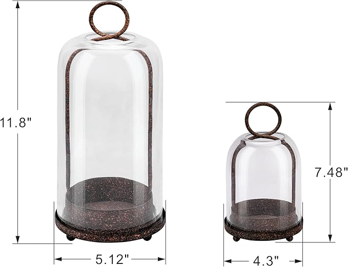 5" & 4" Wide Versatile Metal Candle Holder in Rustic Brown with Handmade Thick, Heavy & Sturdy Glass Dome for Pillar Candle, Industrial, Modern, Shelf, Mantel, Veranda, Porch