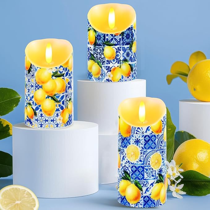 3 Pcs Capri Blue White Lemon Flameless Candles Battery Operated LED Mediterranean Blue White Flickering Pillar Blue Tiles Lemon Printed Faux Candle for Capri Party Wedding Home Party