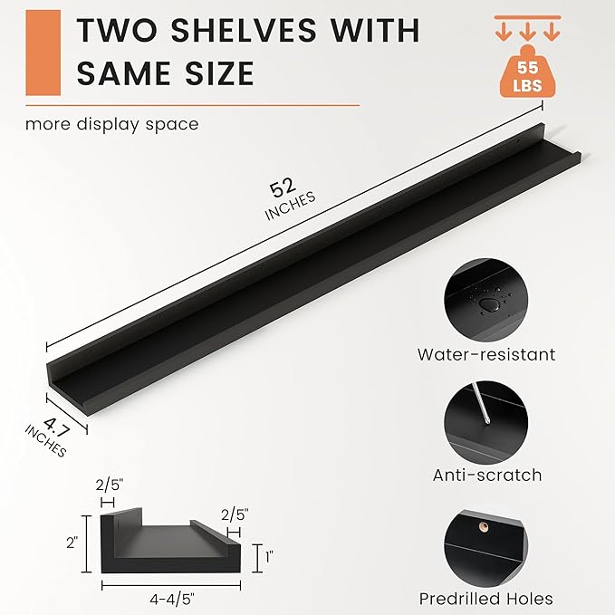 FLYJOE Picture Ledge Shelf, Floating Shelves Set of 2, 52 Inches Nursery Book Shelves for Toys Storage, Kids Bookshelf Wall Mounted for Living Room Bedroom Decor Books Photo Frames, Black