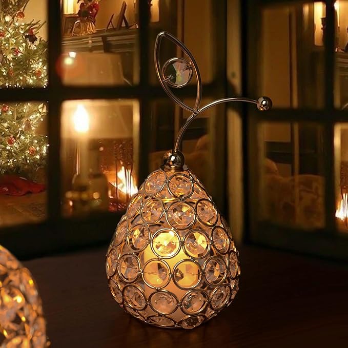 Set of 3 Elegance Crystal Metal Pineapple Pear Table Centerpiece Handmade Crystal Candlestick Hollow Fruit Ornament Home Party Wedding Holiday Decoration (Gold, Set of 3)