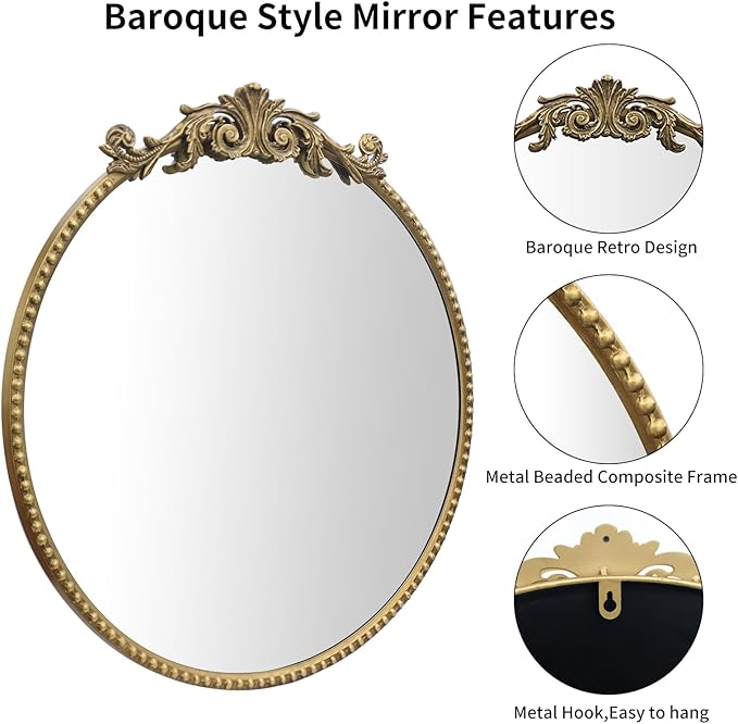 Round Mirror, 24''Baroque Style Circle Mirror Vintage Gold Metal Frame Wall Mirrors for Vanity, Bathroom or Bedroom
