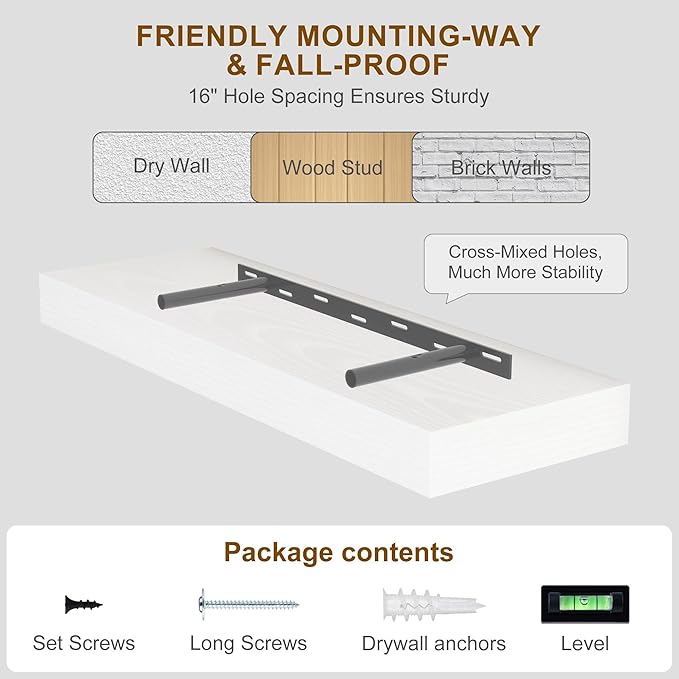Fun Memories Floating Shelves for Wall, 48Inch Long Floating Shelves Set of 1, Hanging Shelf with Invisible Brackets, Wood Shelves for Living Room, Bedroom, Kitchen, White