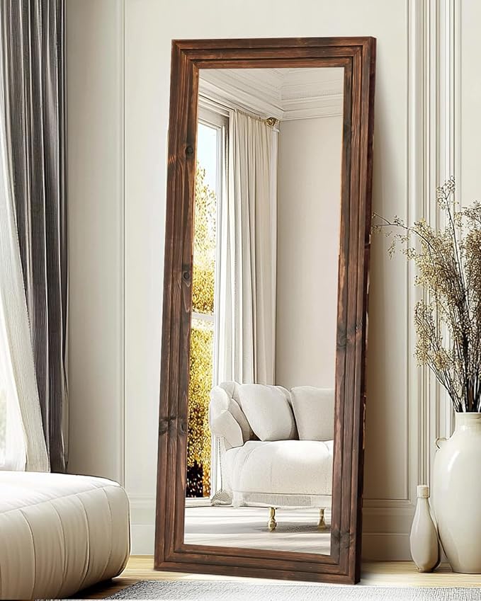 Full Length Mirror 65"x22" with Stand Solid Wood Frame Floor Large Mirror for Living Room, Bedroom Hanging Standing or Leaning Wall-Mounted, Brown