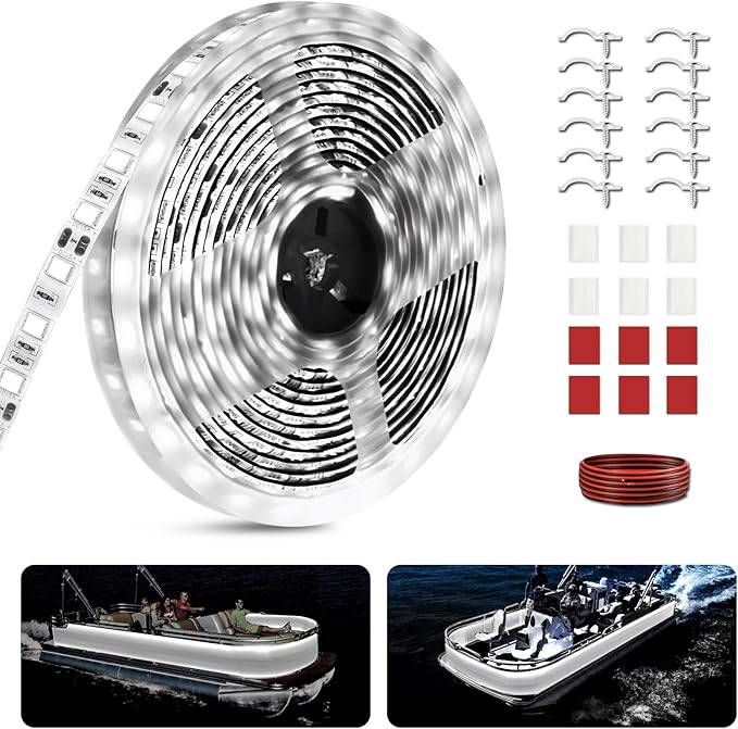 20ft LED Strip Lights 12V Waterproof, Marine LED Lights Ideals as Under Gunnel, Deck, Boat Interior Lights for Kayak, Jon Boats and Fishing Boats (White)