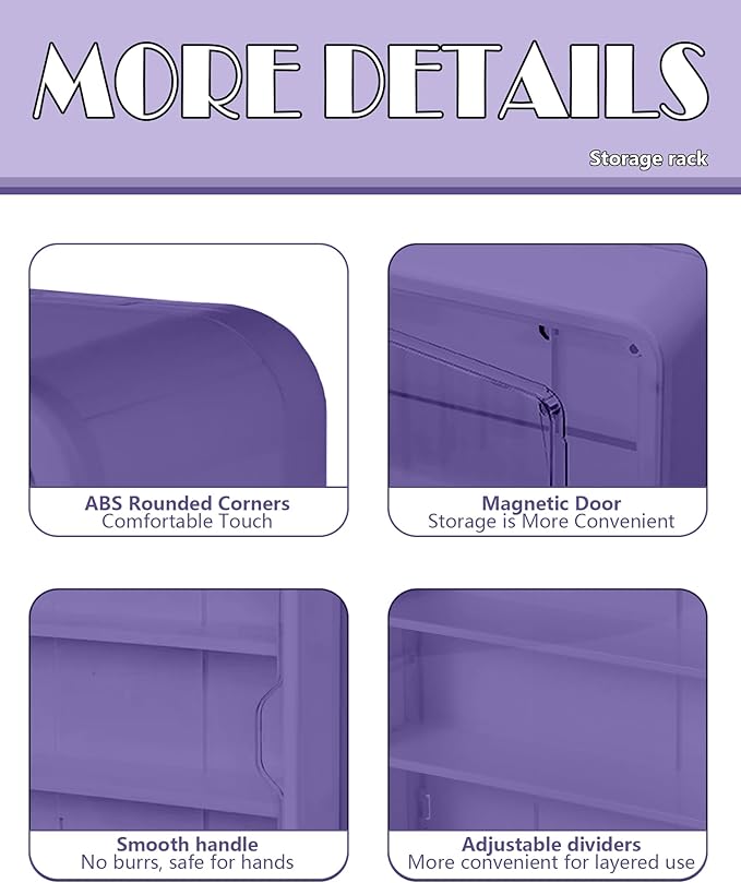 HGYZE Clear Display Case for Figures, 15.75" High, Wall Mounted Shelf with Magnetic Door, Hanging Display Case for Collectibles Action Doll Blindboxes Storage (Purple, 4-Layer 1 Pack)