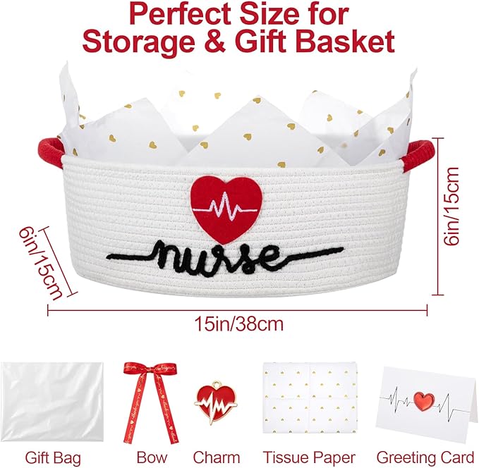 Colingmill 2026 Graduations & Nurses Week Gift Basket Empty to Fill, Woven Rope Basket 15" x 11" x 6" Decorative Storage Baskets with Gift Bag, Bow, Tissue Paper & Year Charm (White)
