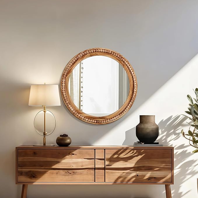 ULIKE Round Wood Mirror with Natural Wooden Bead Frame, 24 Inch Rustic Farmhouse Wall Mirror for Bathroom Nursery Bedroom Living Room Brown