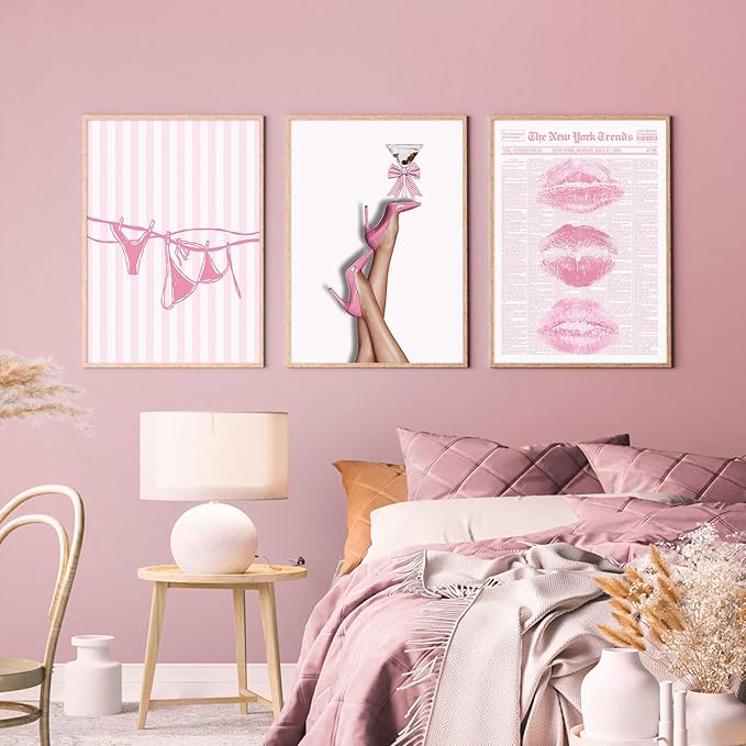 Pink Coquette Wall Art Decor Trendy Aesthetic Posters Preppy Funky Y2k Canvas Wall Art Decor Bow Girly Room Pictures Coquette Bikini Lips Prints Pink Artwork for Dorm Bedroom 12x16x3 Inch Unframed
