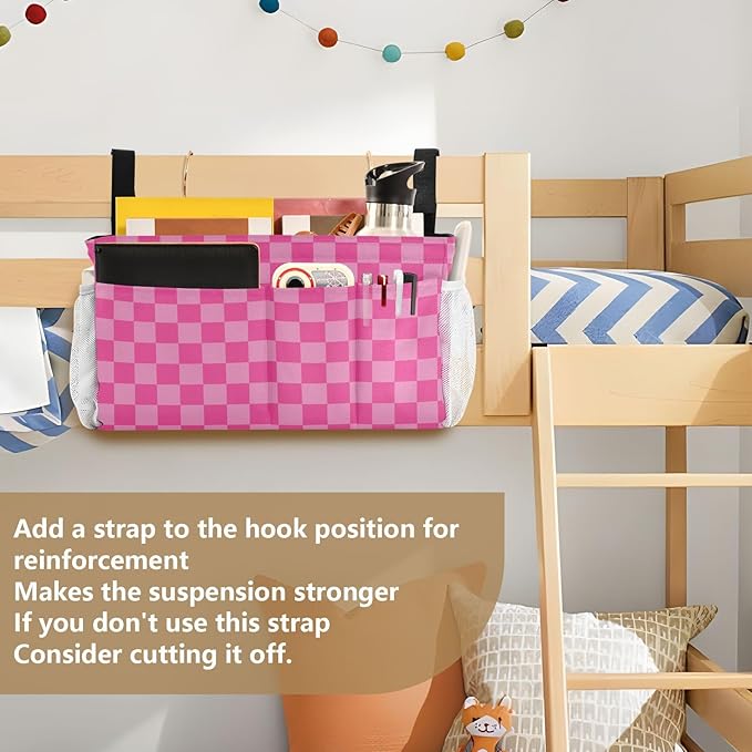 Pink Checkered Print Bedside Caddy Storage Bag Bedside Organizer for Bunk Bed Headboards College Organizer Caddy Hanging Shelf 6 Pockets with Hooks for Drinks Magazine Phone Holder