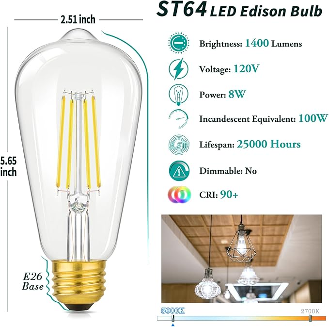 4-Pack Vintage 8W ST64 LED Edison Light Bulbs 100W Equivalent, 1400LM 5000K Daylight White, E26 Base Filament Light Bulbs, CRI 90+, Antique Glass Style, Great for Bathroom Office, Non-Dimmable