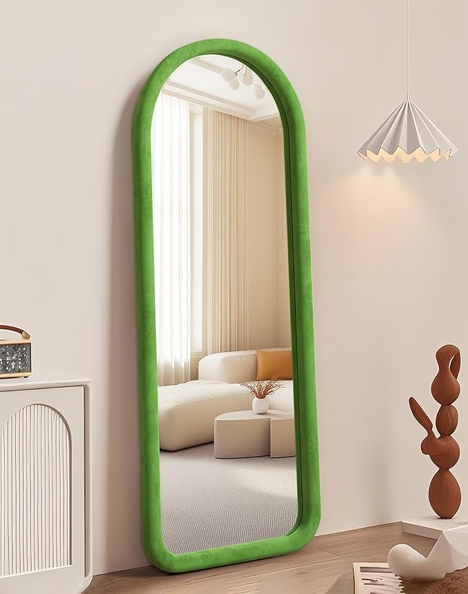 Delma Arched Full Length Mirror, Free Standing Floor Velvet Finish Frame Mirror for Leaning or Hanging, Soft Touch Bedroom & Living Room Decor,Green