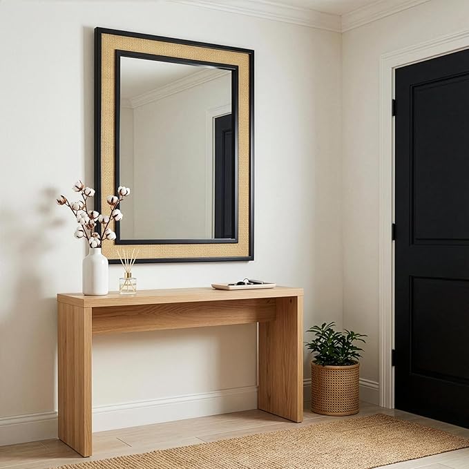 Rectangle Rattan Mirror, 24"x32" Rattan Wall Mirror for Bathroom, Large Farmhouse Wooden Mirror with Handmade Wicker Frame, Decorative Boho Mirror for Nursery Bedroom Living Room Entryway Black