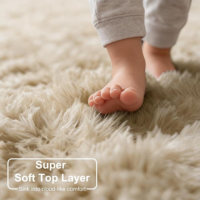 Amdrebio Beige Area Rugs for Bedroom Kids Room, Fluffy Plush Shaggy Furry Fuzzy Rug 4x6 for Living Room Decor Aesthetic, Soft Cute Shag Neutral Tan Carpet for Teens Baby Nursery Playroom Preppy Dorm