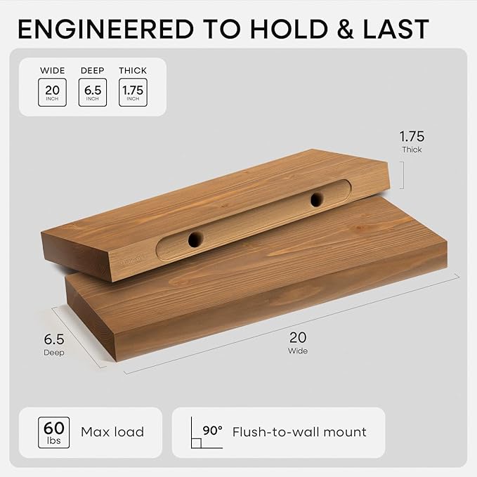 Homeforia 20 inch Golden Oak Floating Shelf, High End Solid Real Wood 20inch Small Floating Shelves for Wall Mounted, Oak Wooden 20in Floating Shelves, Heavy Duty Bracket, 20 X 6.5 X 1.75 in, Set of 3