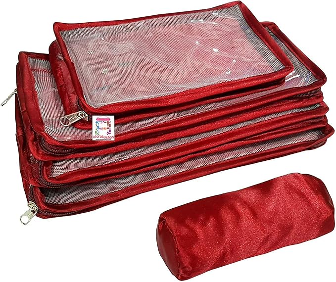 atorakushon Satin Maroon Make-Up Pouch Jewellery Box 4 Pouch 1 roll Bangle in Cosmetic Bag Necklace Earrings Vanity Jewellery Organiser For Women's