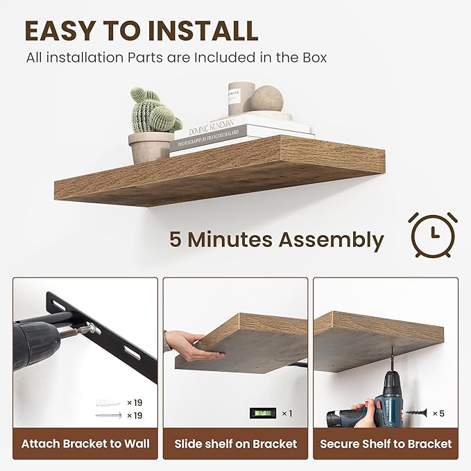 Acovy 48 Inch Floating Shelves, 12 Inch Deep Floating Shelves for Wall, Floating Shelf with Invisible Brackets, Deep Wall Shelves for Bathroom, Bedroom, Living Room, 1 Pack, Brown
