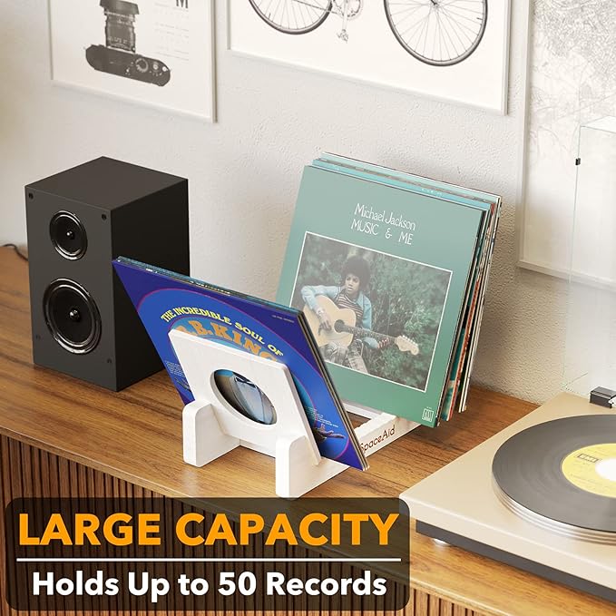 SpaceAid Bamboo Record Storage Holder Shelf, Holds Up to 50 Albums, 7 or 12 inch LPs, Stand Organizer Display, Gifts for Vinyl Lovers (White)