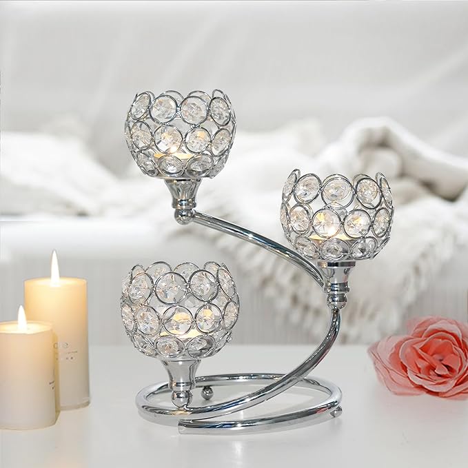 Metal Crystal Candle Holder Set of 3 - Elegant 5-Arm Metal Tea Light Centerpiece with Shining Crystal Bowl, Wedding Anniversary Table Decor for Dining, Party (Silver, 2 Pcs 3 Arm)
