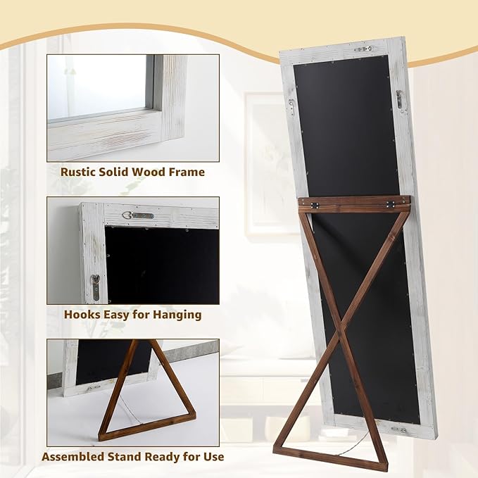MELOMOIR Rustic Farmhouse Full Length Mirror, 71"x32" Large Floor Wood Frame, Free Standing Leaning Hanging, Full Body for Bedroom Living Room Cloakroom, Weathering White