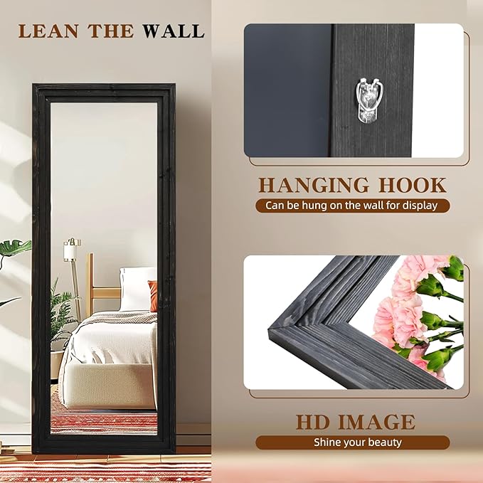 Full Length Mirror 58"x22" Solid Wood Frame Floor Large Mirror for Living Room, Bedroom Hanging or Leaning Wall-Mounted, Black