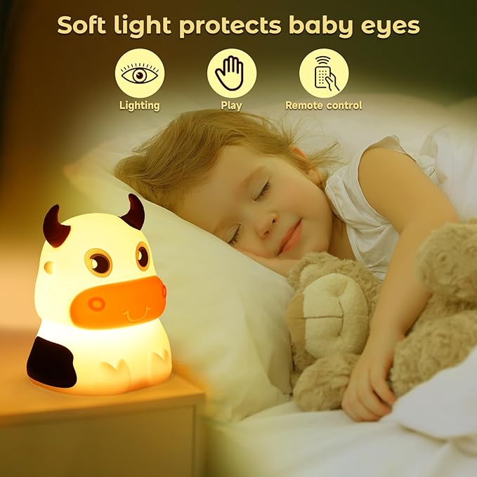 AVEKI Night Light for Kids, Portable Tap Control Rechargeable Nightlight Lamp, Color Changing, Remote Control Silicone Cute Animal Cow Night Lamp Bedroom Decor for Infant or Toddler (Cows-Remote)