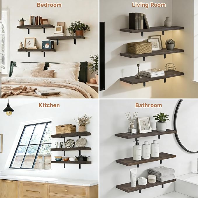 Easy Install Floating Shelves, 15.7 Inch Wall Mounted Wood Shelf,Hanging Shelf for Home Decor, Books and Storage, Small Organizer for Bedroom, Bathroom, Kitchen, Set of 3, Vintage Brown