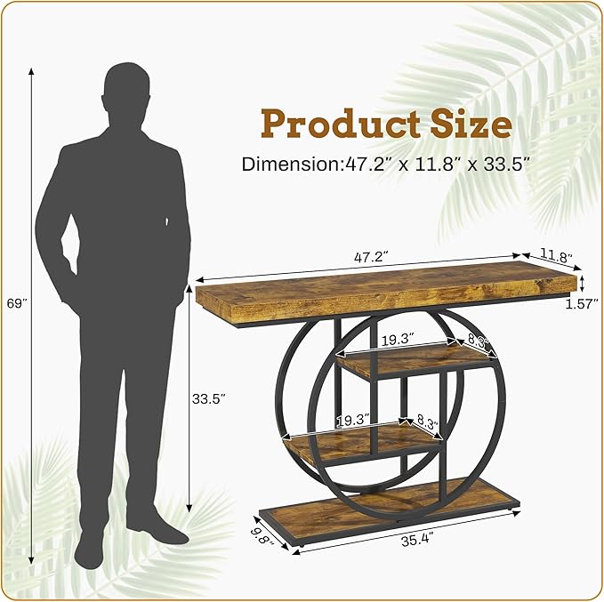 Entryway Table for Foyer,47.2 Inch Industrial Narrow Console Table,Accent Decor Living Room Furniture,Hallway & Sofa Table for Entrance,4-Tier Storage Shelves,Metal Frame,Thick Wood Top