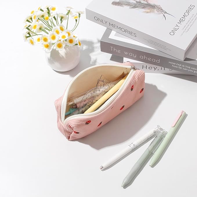 Pencil Case Lightweight Aesthetic Pen Case Office College School Storage Bag Pouch Holder Box Organizer Makeup Pouch Cosmetic Bag for Girls Boys Kids (Flowers-Pink strawberry)