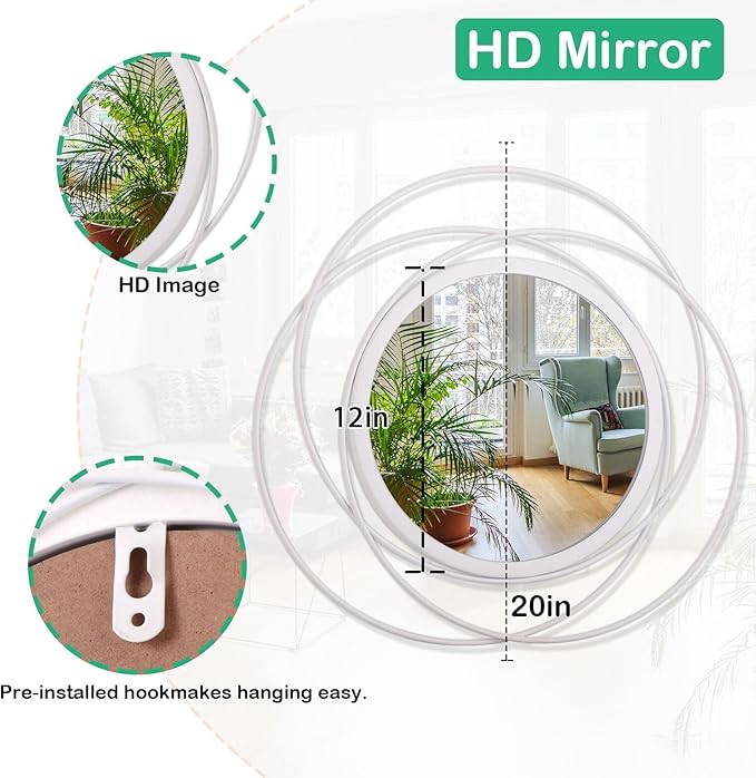White Round Wall-Mounted Mirrors Wire Modern Metal Frame Arts Mirrors Home Decoration Hallway Bathroom Bedroom Living Room Farmhouse Entryway Large 20"