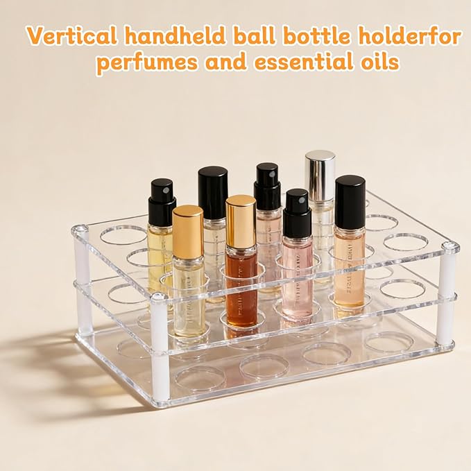 20-Space Rollerball Perfume Organizer, Clear Acrylic Perfume Holder & Display Stand, Lip Gloss Organizer, Beauty Fragrance Storage for Dresser