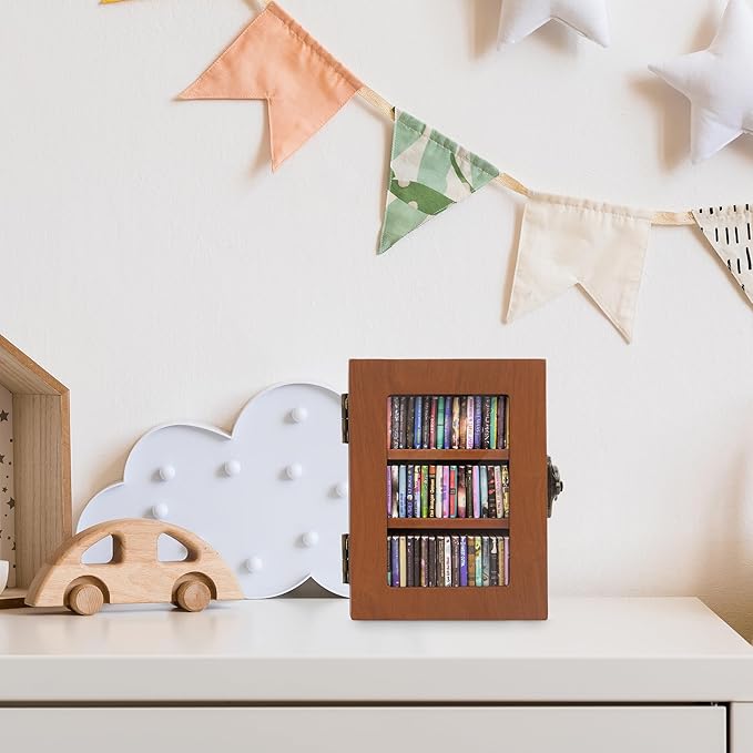 Anxiety Mini Bookshelf Mini Books with 60PCS Wooden Miniature Book Library for Stress Relief, Home and Office Decor, Unique Gift for Book Lovers - Brown